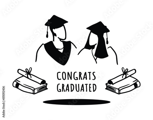 Graduates look at each other. Vector illustration in outline style. Celebrating graduation. Closed book. Award ceremony. Black and white drawing.