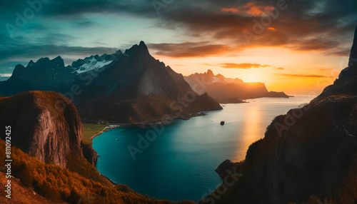 Mountains and sea, sunset colors landscape © Allusioni
