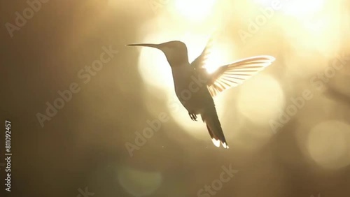 Male hummingbird hovering in bright backlighting sunlight, slow motion and zoom in zoom out. photo