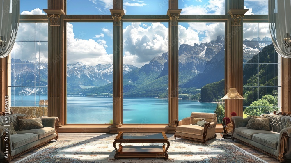 living room of a beautiful mansion with views of the lake and mountains during the day in spring or summer in high resolution and high quality. concept landscapes, home, lake
