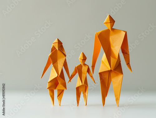 A family of three people made out of paper. Oprigami style. Simple and plain background. 
