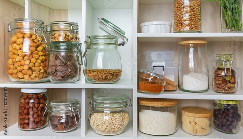 jars with vegetables, Shelf and space for storing food in the house, organizing pantry space, home interior design