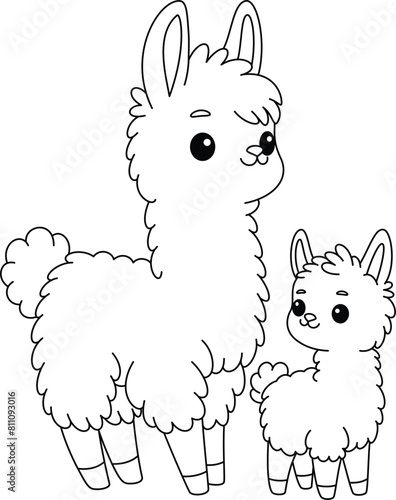 Cute kawaii llama and baby cartoon character coloring page vector illustration. Wild animal, mothers day colouring page for kids
