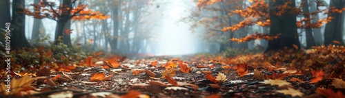 Fallen leaves and fog, ample copy space photo