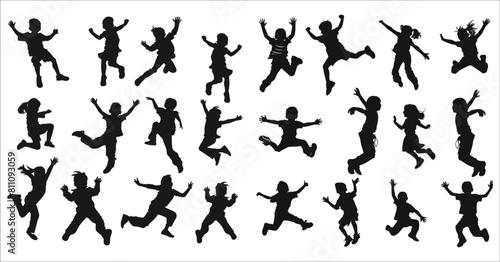 Silhouettes of many different jumping kids, Kids jumping silhouette set, Jumping kid silhouettes, Silhouette of Kids jumping, Children, Silhouette, Jumping, Playing, Teenage, Happy, Child, Education