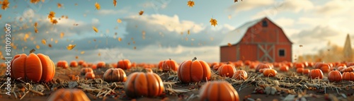 Autumn harvest scene pumpkin patch, distant barn, designed with copy space