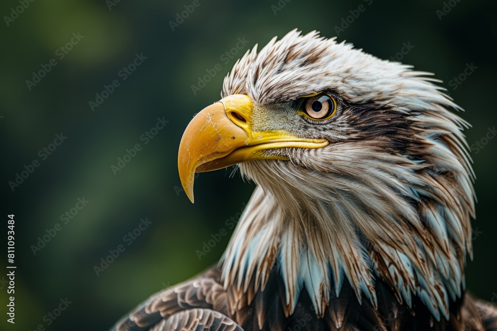 Portrait of bald eagle isolated on green forest background. Generative AI. Portrait of bald eagle isolated on green forest background. Generative AI.