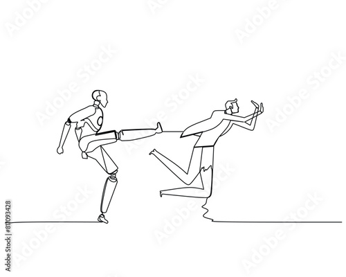 Continuous one line drawing the robot kick the employee from his job. Business growth concept. Design vector illustration