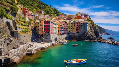 Peaceful fishing village riomaggiore cliffside colorful buildings cinque terre coast. Italian mediterranean europe