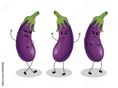 Set of eggplants in kawaii style on a white background. Vector illustration