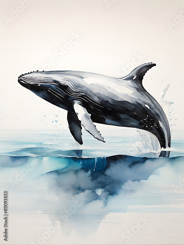 Blue Whale Ocean Impressionist Watercolor