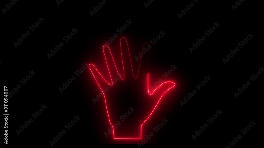Open hand, palm neon sign. Bright glowing symbol on a black background. Neon style icon. Open hand, palm neon sign. Bright glowing symbol on a black background. Neon style icon.