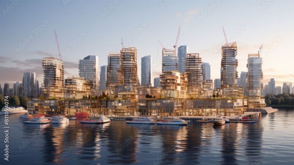 Obraz premium Cityscape sunrise. blueprints for urban renewal and development plans in progress