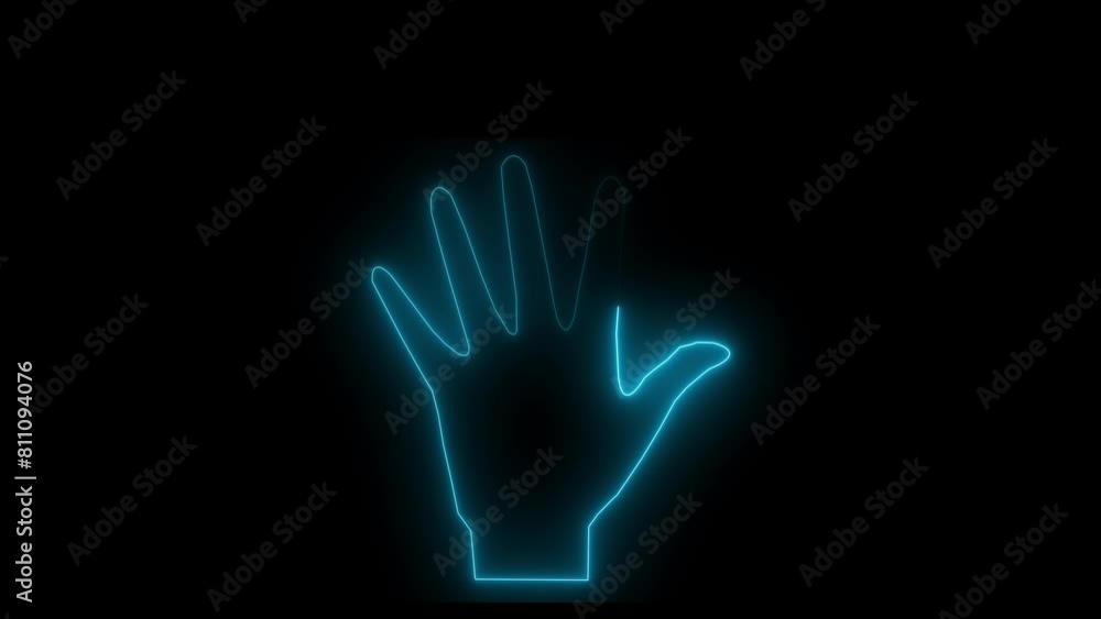 Open hand, palm neon sign. Bright glowing symbol on a black background. Neon style icon. Open hand, palm neon sign. Bright glowing symbol on a black background. Neon style icon.