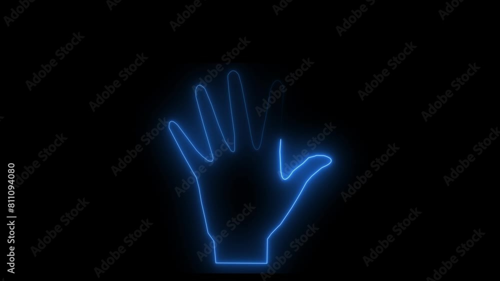 Open hand, palm neon sign. Bright glowing symbol on a black background. Neon style icon. Open hand, palm neon sign. Bright glowing symbol on a black background. Neon style icon.