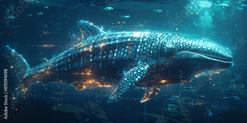 Digital whale projection in a futuristic underwater setting  ideal for technology  marine life  and conservation themes. World Ocean Day.