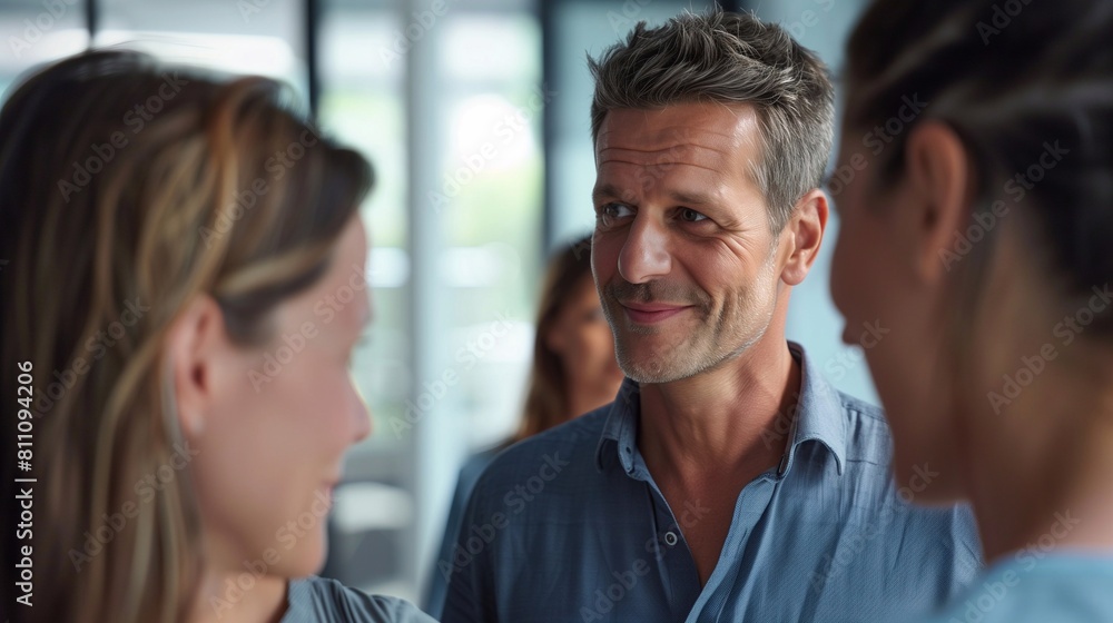 business people talking in an office. The man has short hair. He is smiling as he looks at his female colleagues while they talk. They all wear casual attire. generative AI business people talking in an office. The man has short hair. He is smiling as he looks at his female colleagues while they talk. They all wear casual attire. generative AI