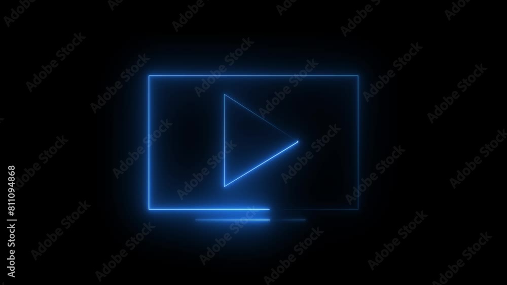 Blue play button on black background. Start button. Neon glowing play button. Neon glowing play button Blue play button on black background. Start button. Neon glowing play button. Neon glowing play button
