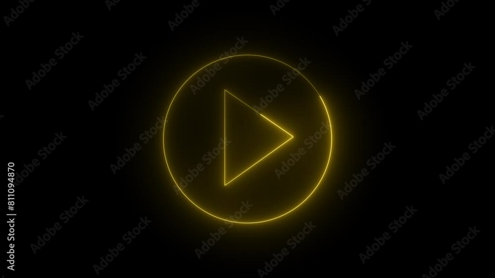 yellow play button on black background. Start button. Neon glowing play button. Neon glowing play button