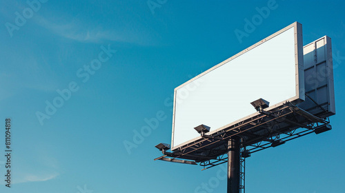 Billboard advertising space against a clear blue sky, blank for ultra HD campaigns.