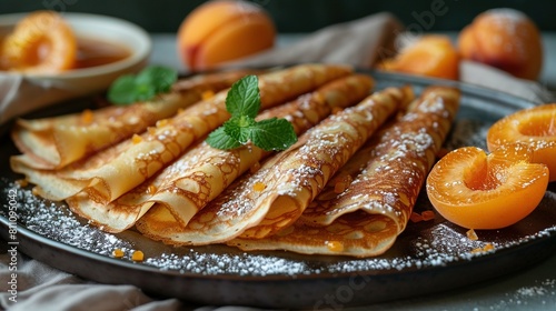  A platter of delicate crêpes garnished with powdered sugar and vibrant orange segments rests atop a table, accompanied by a backdrop of delectable fruits in a