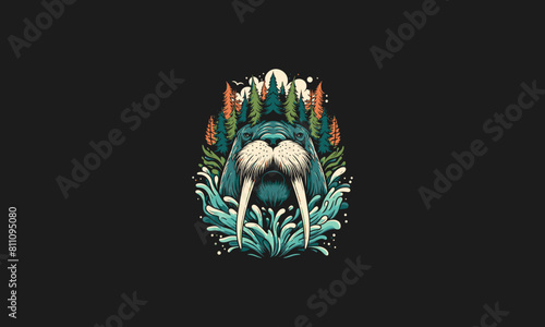 walrus on forest smoke vector artwork design