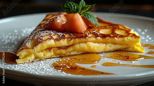   A white plate holds a stack of pancakes drenched in syrup and crowned with fresh strawberries