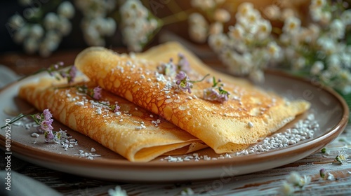   Two crepes on a plate sprinkled with flowers and a vase of flowers nearby