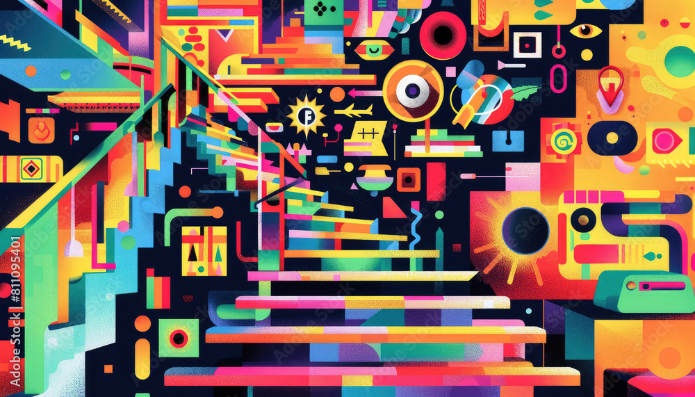 A colorful painting of a staircase with a black background by AI generated image A colorful painting of a staircase with a black background by AI generated image