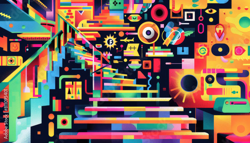 A colorful painting of a staircase with a black background by AI generated image