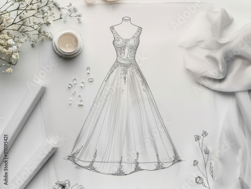 Sketch of a evening dress, fashion desiner, layout, fabric, pencil, desiner's table, working space