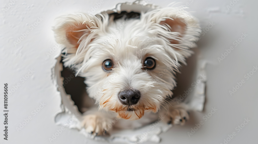 Cute dog puppy sticking its head out of the hole in  wall