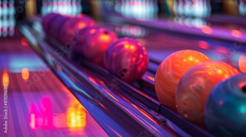 Bowling balls lie on the polished surface of the lane