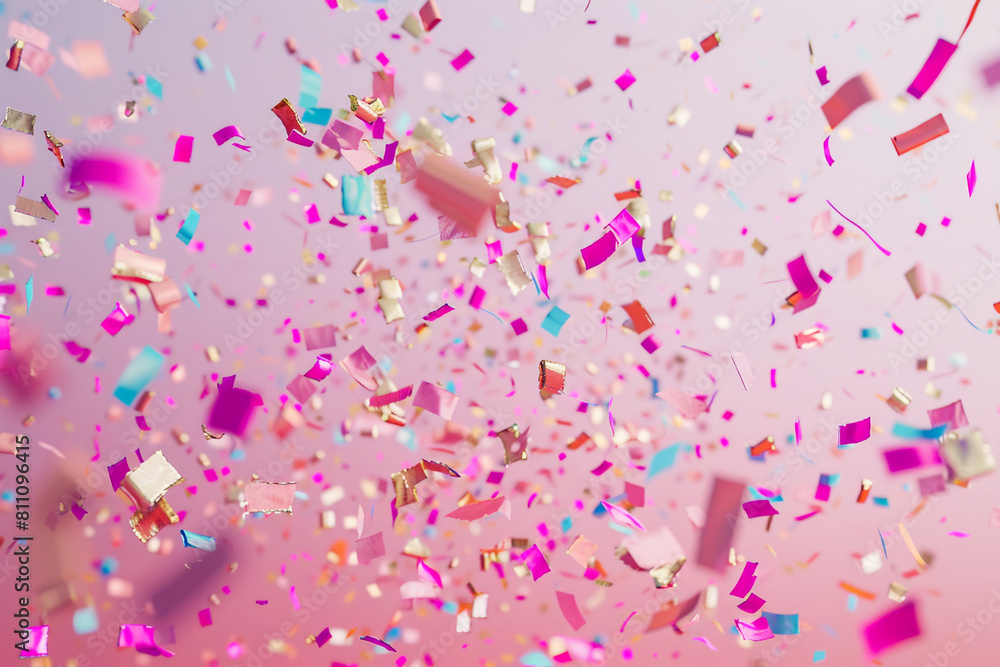 Brightly colored confetti scattering across a blush pink backdrop, evoking a soft, joyful mood in high resolution.