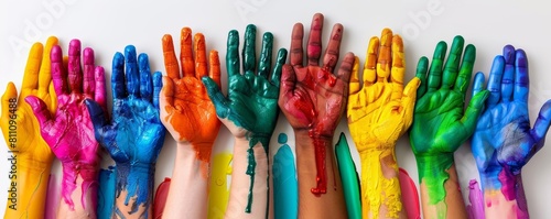 Colorful assembly of hands painted in rainbow colors