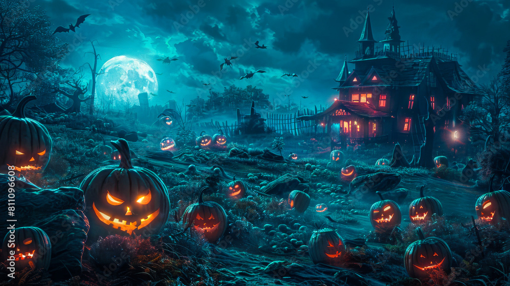 Obraz premium Halloween Scene: Moonlit Field and Haunted House with Pumpkins 