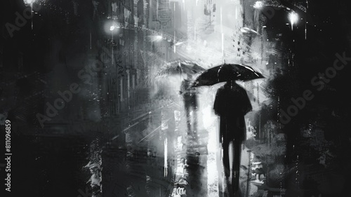 傘をさす男性のモノクロ抽象画_3