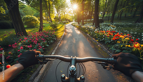 POV shot of cycling in a park, riding along curved paths surrounded by lush trees and blooming flowers photo