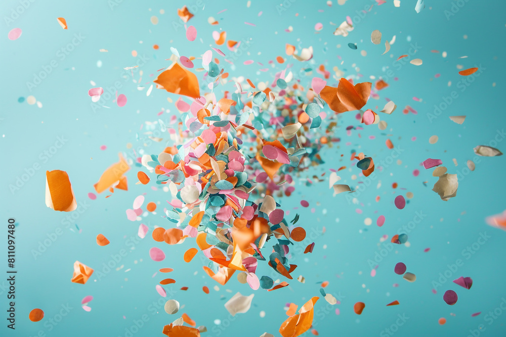 Cheerful confetti explosion on a pale blue background, simulating a festive day celebration captured in ultra HD.