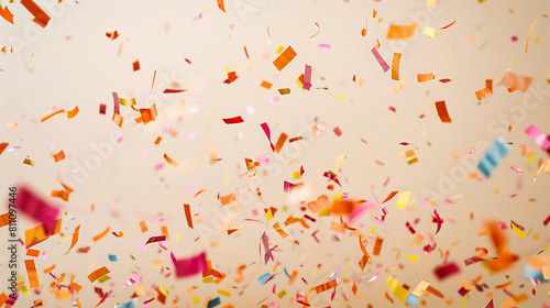 Cheerful confetti dispersal over a light cream background, creating a soft and inviting celebration scene in ultra HD. photo