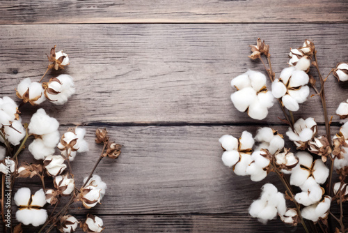 cotton flower on wooden background  growing cotton plant  cotton industry  flat lay  copy space  design
