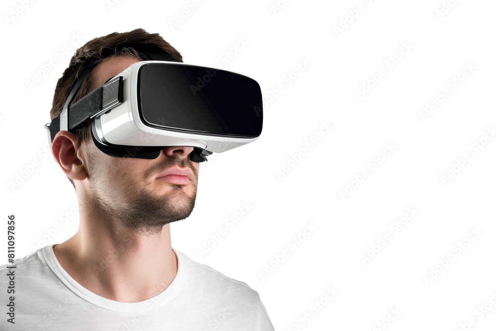 man wearing virtual mixed reality glasses, augmented reality, 3D glasses, white background, close-up man wearing virtual mixed reality glasses, augmented reality, 3D glasses, white background, close-up