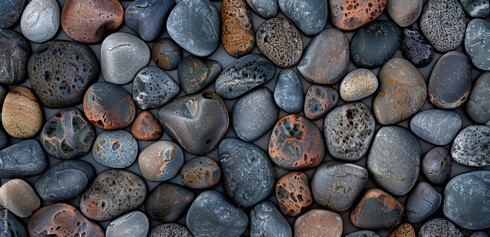 A background of smooth, round pebbles in various colors and sizes arranged neatly together A background of smooth, round pebbles in various colors and sizes arranged neatly together
