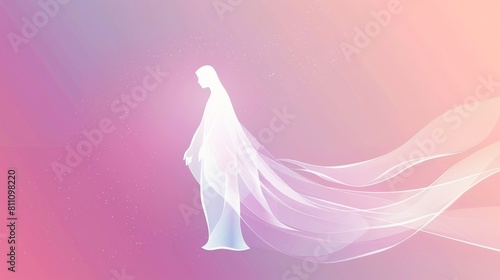 Striking digital art of a woman in white  her silhouette against a burst of colorful abstract wing-like shapes.