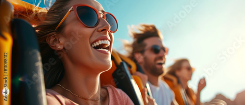 Close up of young emotional people on thrilling roller coaster ride at amusement park. Having fun, travel vacation. Facial expression. Generative ai	 photo