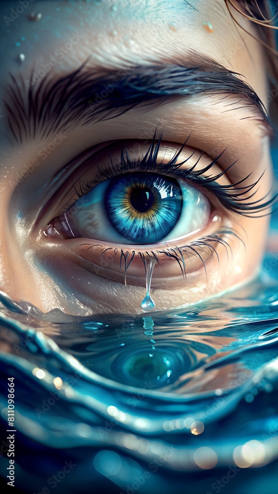 a woman's eye with a blue eye and a drop of water.