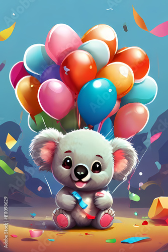 cartoon, birthday, balloon, balloons, illustration, vector, clown, party, fun, child, bear, celebration, animal, holiday, circus, red, art, boy, funny, baby, rabbit, teddy, toy, cat, card, love, happi