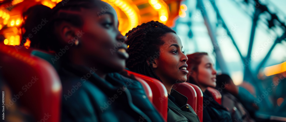 Close up of young emotional people on thrilling roller coaster ride at amusement park. Having fun, travel vacation. Facial expression. Generative ai