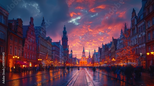 Sunset Over Wroclaw Market Square: A Vivid Display of Twilight Colors and Sparkling Lights