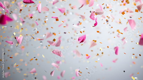 Delicate confetti falling against a soft gray background, giving a subtle and elegant festive touch in high resolution.